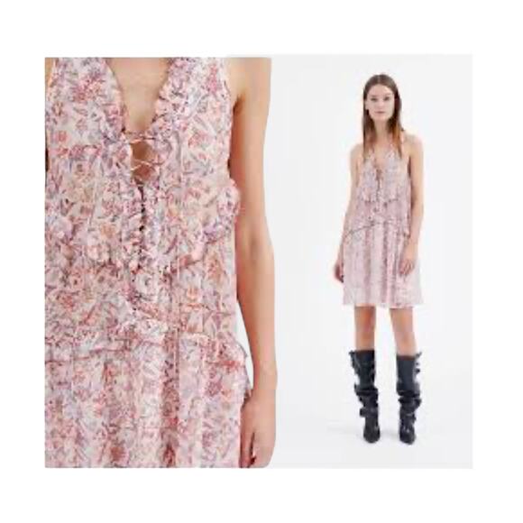 IRO PARIS Baden Dress Ruffle Trim Floral Mini Dress Lace Up V-Neck Coquette 8 - Picture 2 of 13